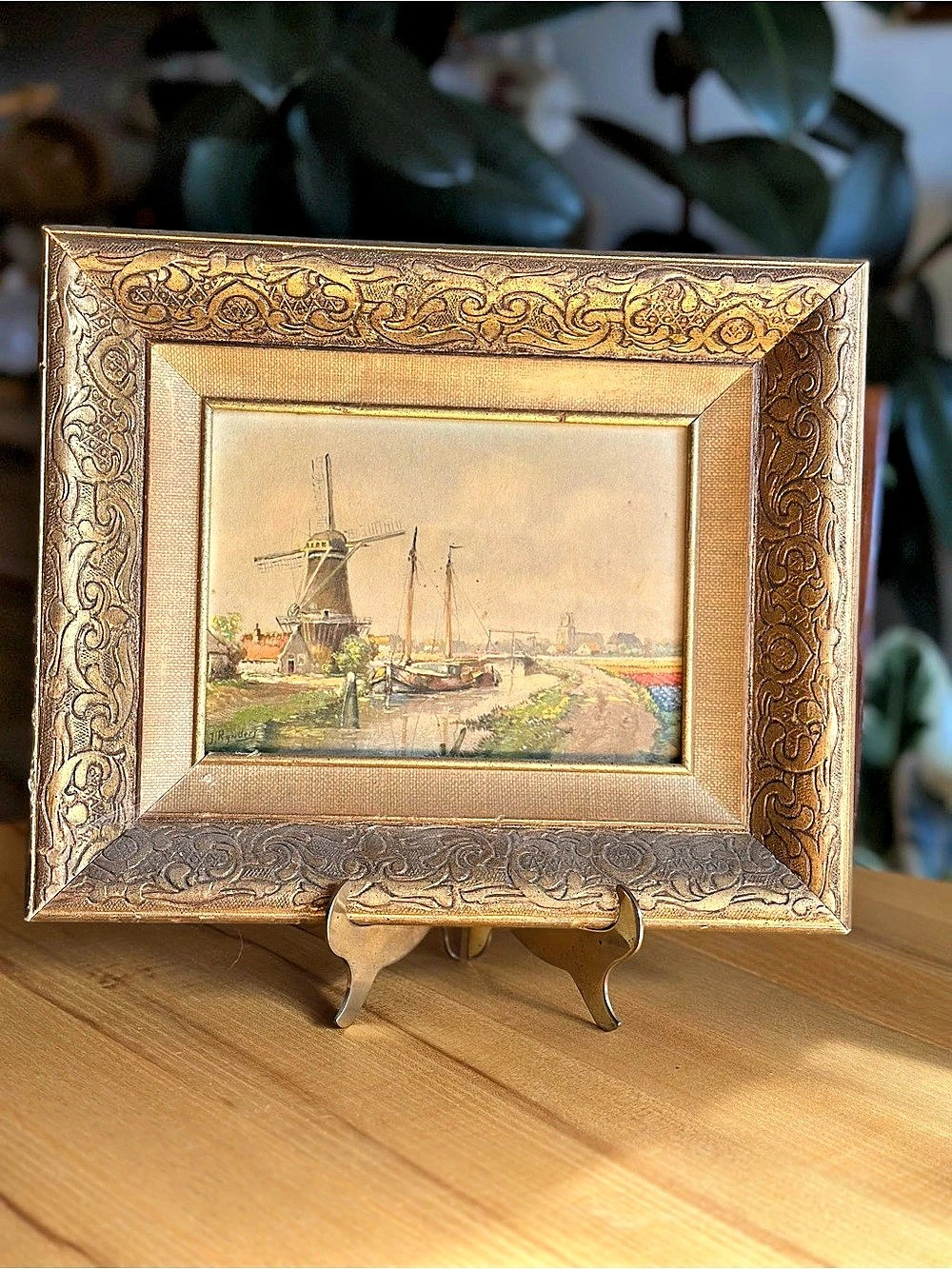Vintage Dutch Landscape Framed Print featuring windmill and canal boats